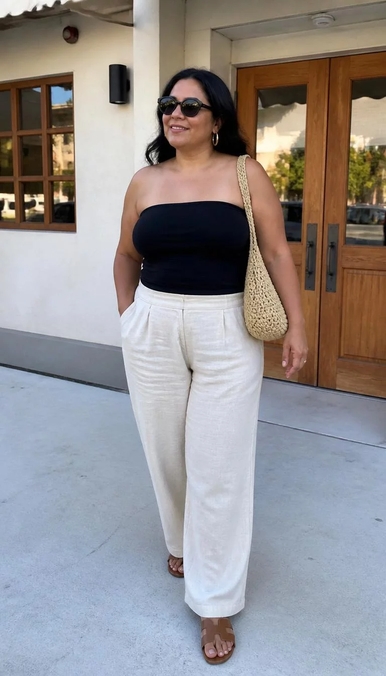 Black Tube Top and Cream Linen Trousers A photorealistic full body shot of a 47-year-old Latina woman with a round face, deep brown, button nose, feathered eyebrows, and wide lips. Her face features small scar on the eyebrow, light freckles, and subtle natural facial asymmetry. She has almond-shaped hazel eyes, rounded cheeks, broad smile, confident. She is curvy build with dark hair and is wearing a black tube top, cream linen trousers, a beige crochet shoulder bag, gold hoop earrings, black oval sunglasses, and brown slide sandals, curated outfit, no people in the background, high-quality mobile photography, shot on an iPhone 14.
