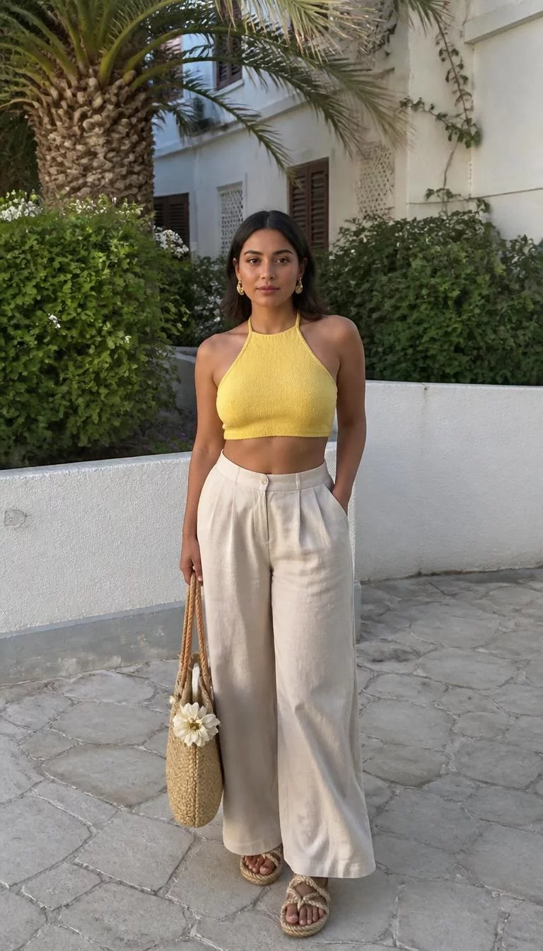 Yellow Halter Crop Top and Beige Wide Leg Pants A photorealistic full body shot of a 24-year-old Middle Eastern woman with a round face, golden brown, rounded nose, softly curved eyebrows, and full lips. Her face features faint freckles across the nose, visible pores, and subtle natural facial asymmetry. She has upturned gray eyes, pronounced cheekbones, neutral expression, relaxed. She is petite with dark hair hair and is wearing a yellow halter crop top, beige wide-leg pants, gold flower earrings, a straw tote with a floral accent, and rope-style flat sandals, outdoor setting, no people in the background, high-quality mobile photography, shot on an iPhone 14.
