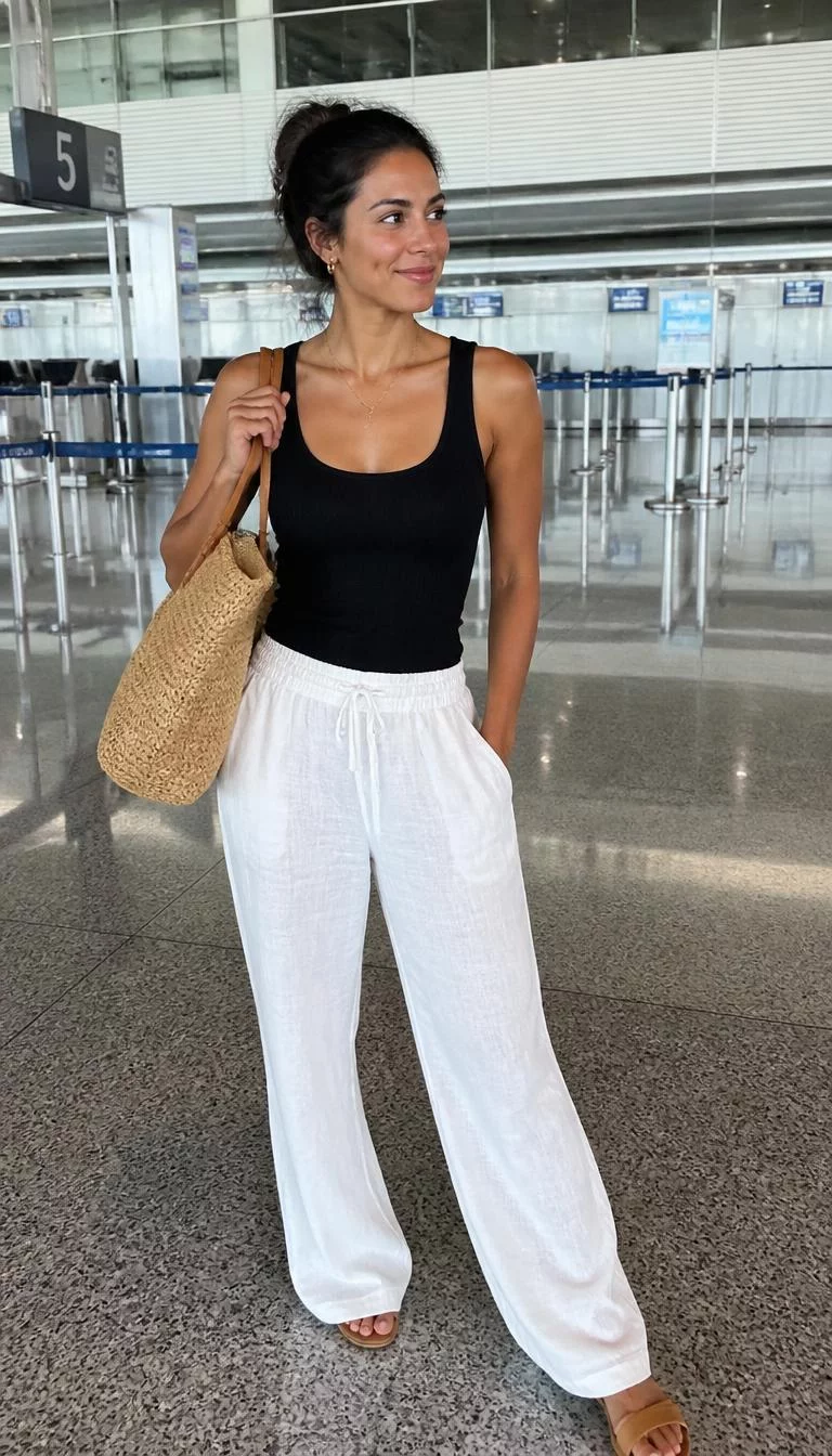 Black Ribbed Tank and White Linen Trousers A photorealistic full body shot of a 34-year-old Latina woman with a diamond face, olive, straight nose, thick natural eyebrows, and wide lips. Her face features dimples, visible pores, and subtle natural facial asymmetry. She has round amber eyes, high cheekbones, broad smile, playful. She is slim with dark hair updo hair and is wearing a simple black ribbed tank top and white linen trousers, carrying a large straw tote bag, airport terminal, no people in the background, high-quality mobile photography, shot on an iPhone 14.