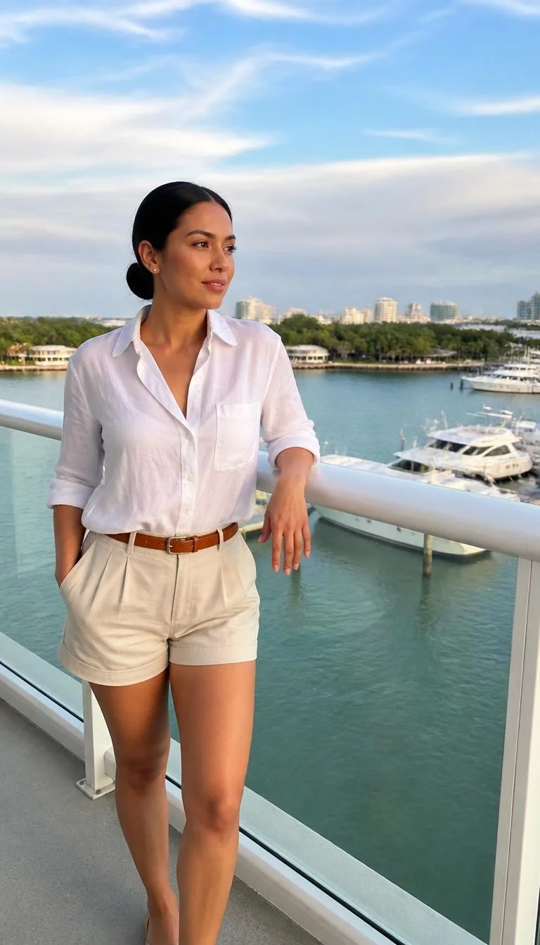 A photorealistic full body shot of a 32-year-old Latina woman with a diamond face, light, rounded nose, thin arched eyebrows, and full lips. Her face features beauty mark near the lip, visible pores, and subtle natural facial asymmetry. She has monolid brown eyes, soft cheekbones, subtle smile, thoughtful. She is petite with dark brown hair in a sleek low bun and is wearing a white button-down, beige shorts, and a brown leather belt, a balcony overlooking a marina, no people in the background, high-quality mobile photography, shot on an iPhone 14.