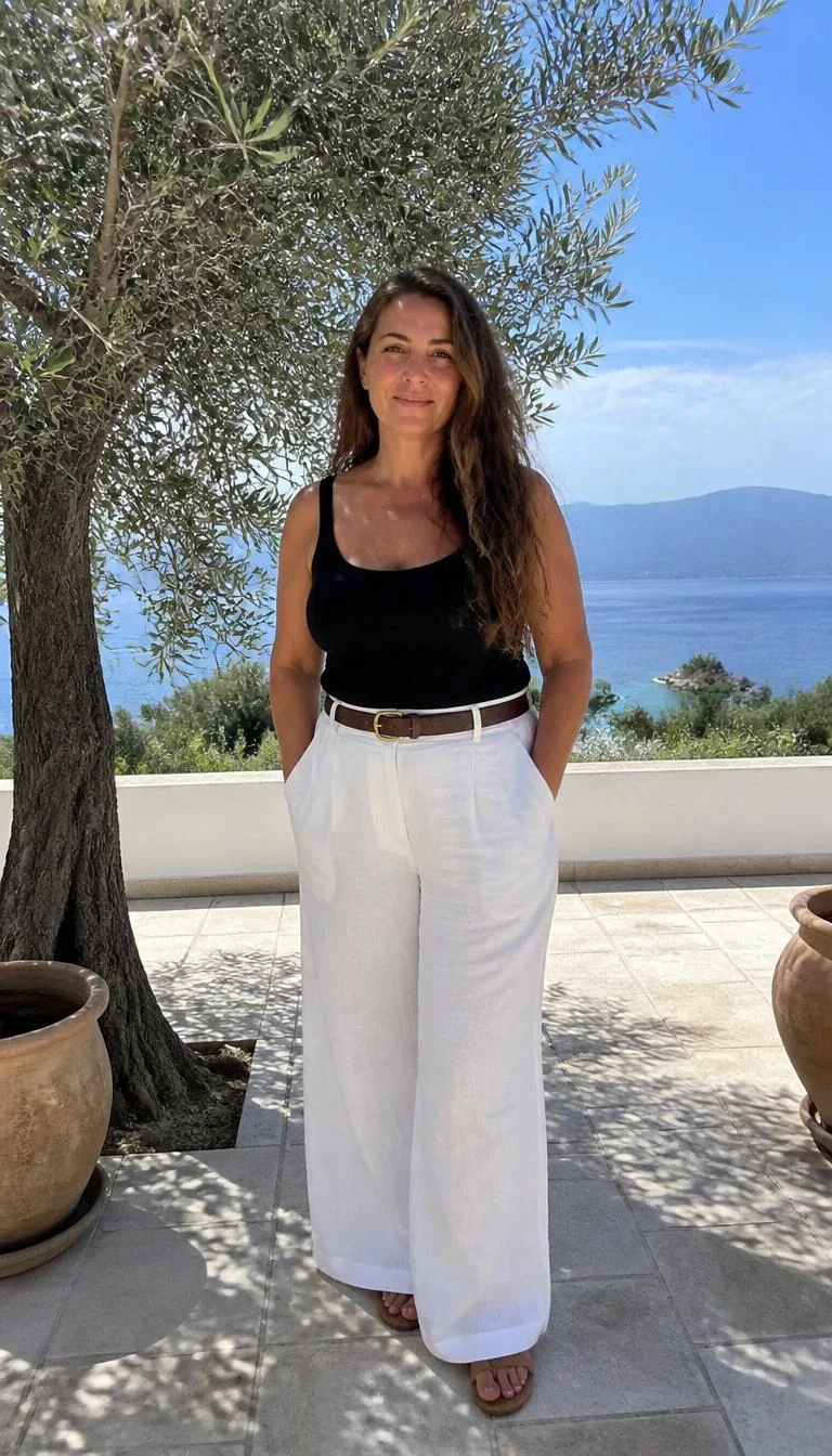 A photorealistic full body shot of a 40-year-old Southern European woman with a round face, tan, broad nose, straight eyebrows, and wide lips. Her face features uneven eyebrows, a few laugh lines, and subtle natural facial asymmetry. She has monolid green eyes, pronounced cheekbones, closed-mouth smile, relaxed. She is curvy build with long wavy brown hair and is wearing a black tank top tucked into wide-leg white trousers with a leather belt, a Mediterranean terrace with an olive tree, no people in the background, high-quality mobile photography, shot on an iPhone 14.