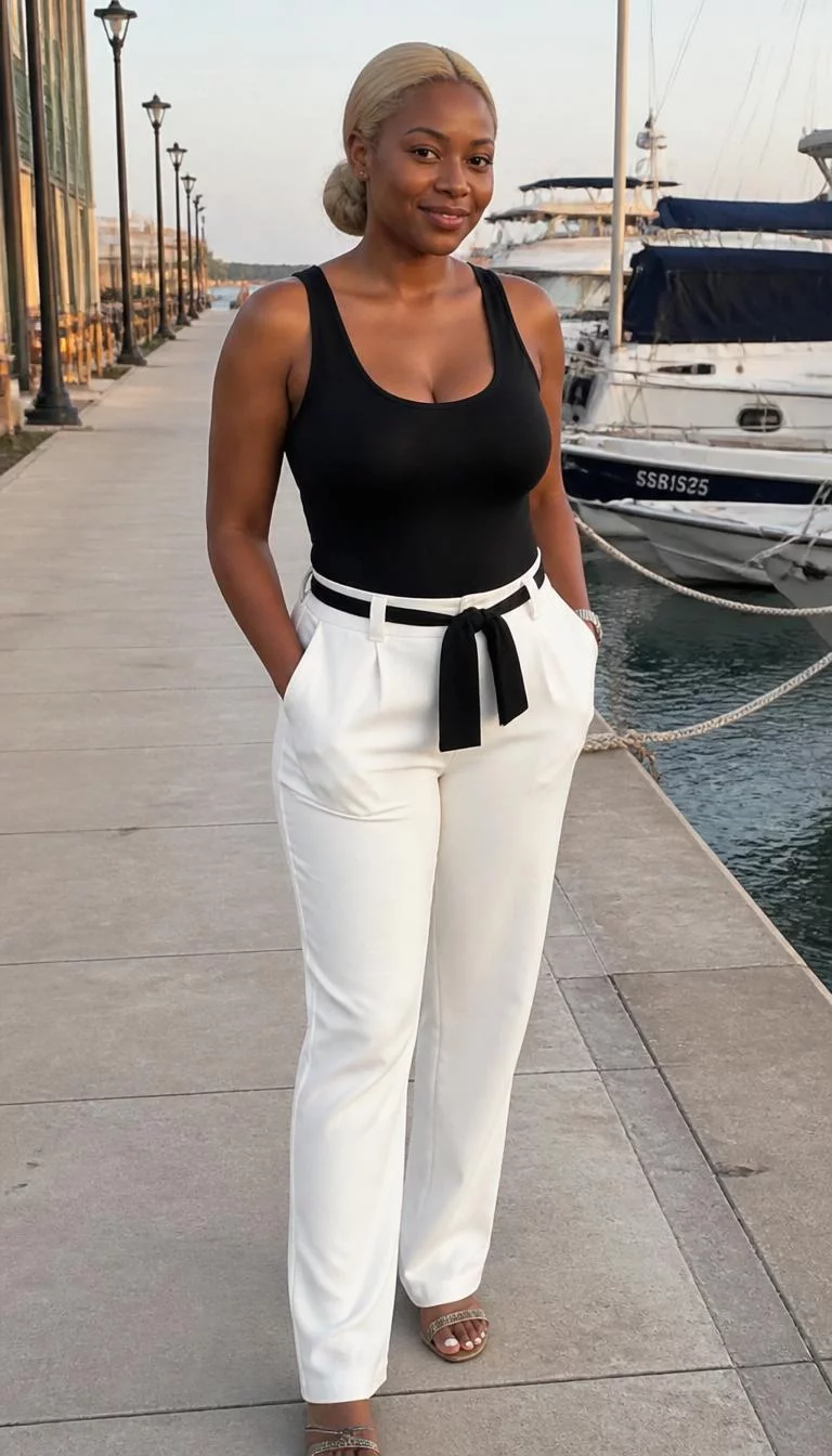 A photorealistic full body shot of a 29-year-old Black African woman with a oval face, deep brown, rounded nose, thick natural eyebrows, and wide lips. Her face features slightly crooked smile, faint under-eye shadows, and subtle natural facial asymmetry. She has deep-set brown eyes, high cheekbones, closed-mouth smile, cheerful. She is athletic build with blonde hair in a low bun hair and is wearing a black tank top, and high-waisted white trousers with a black waist tie, a harbor walkway lined with boats, no people in the background, high-quality mobile photography, shot on an iPhone 14.