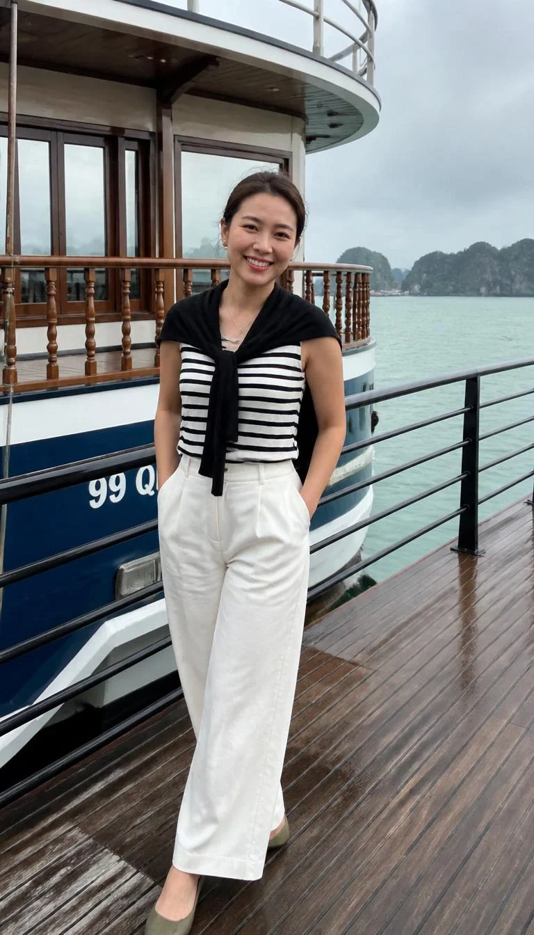 A photorealistic full body shot of a 26-year-old Southeast Asian woman with a round face, fair, broad nose, softly curved eyebrows, and wide lips. Her face features widow's peak hairline, slightly flushed cheeks, and subtle natural facial asymmetry. She has deep-set amber eyes, soft cheekbones, broad smile, cheerful. She is slim with brown low bun hair and is wearing a striped top with a sweater draped over her shoulders and wide white trousers, a wooden deck by a boat, no people in the background, high-quality mobile photography, shot on an iPhone 14.
