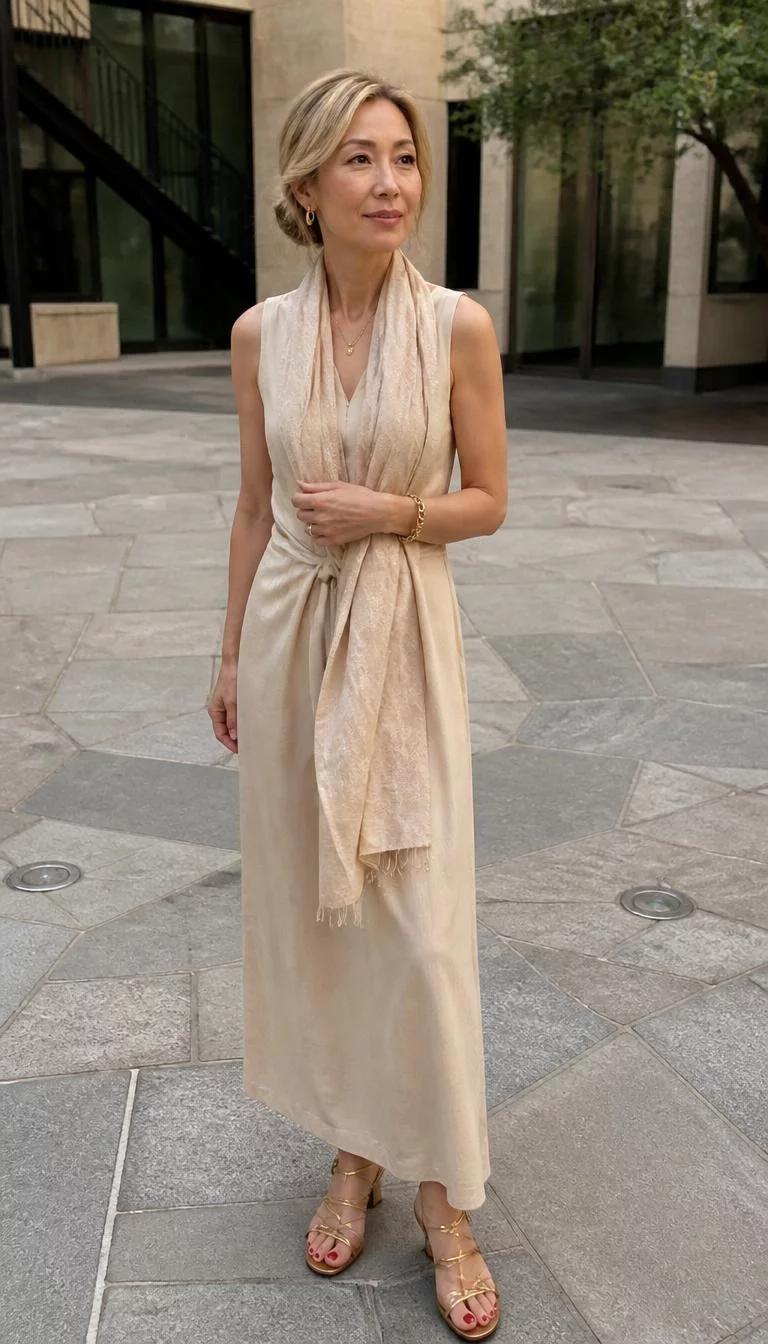 A photorealistic full body shot of a 49-year-old East Asian woman with a diamond face, deep brown, aquiline nose, softly curved eyebrows, and thin lips. Her face features slightly crooked smile, light freckles, and subtle natural facial asymmetry. She has round hazel eyes, high cheekbones, broad smile, thoughtful. She is petite with blonde low bun hair and is wearing a beige sleeveless dress, a matching scarf, and gold jewelry, an outdoor plaza setting, no people in the background, high-quality mobile photography, shot on an iPhone 14.