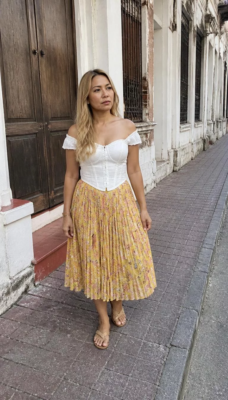 White Off The Shoulder Corset Top And Yellow Floral Skirt A photorealistic full body shot of a 42-year-old Southeast Asian woman with a oval face, tan, broad nose, thin arched eyebrows, and wide lips. Her face features faint freckles across the nose, subtle acne marks, and subtle natural facial asymmetry. She has round blue eyes, soft cheekbones, neutral expression, thoughtful. She is average build with blonde long, layered hair and is wearing a white off-the-shoulder corset top paired with a yellow floral pleated midi skirt and straw sandals, a historic sidewalk, no people in the background, high-quality mobile photography, shot on an iPhone 14.