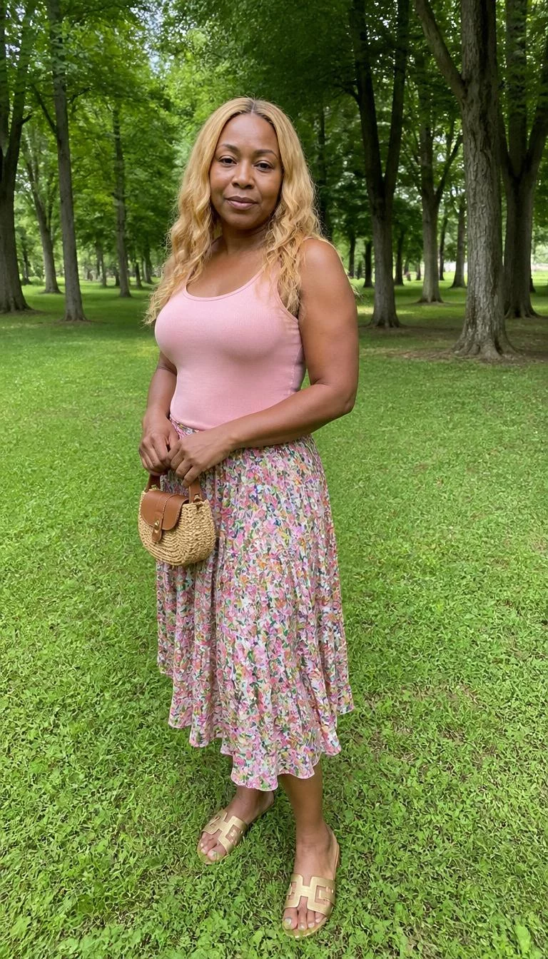 Light Pink Tank Top And Floral Midi Skirt A photorealistic full body shot of a 47-year-old Black African woman with a round face, olive, button nose, thin arched eyebrows, and thin lips. Her face features small scar on the eyebrow, a few laugh lines, and subtle natural facial asymmetry. She has downturned green eyes, soft cheekbones, closed-mouth smile, thoughtful. She is slim with blonde long, wavy hair and is wearing a light pink tank top, a floral midi skirt, sandals, and a small straw handbag, a green, grassy park with large trees, no people in the background, high-quality mobile photography, shot on an iPhone 14.