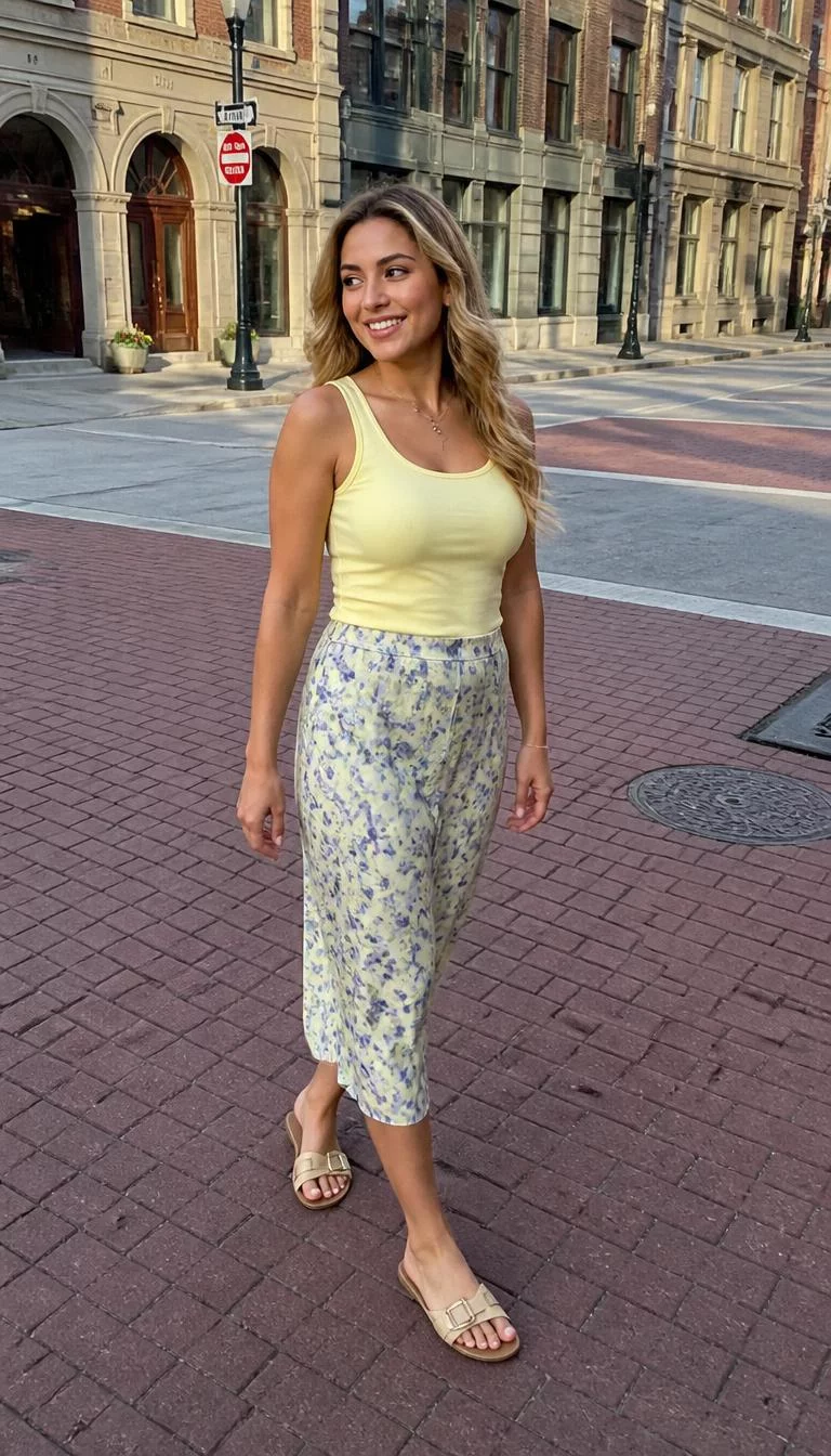 Pastel Yellow Tank Top And Patterned Midi Skirt A photorealistic full body shot of a 29-year-old Middle Eastern woman with a oblong face, tan, button nose, straight eyebrows, and full lips. Her face features gap between front teeth, a few laugh lines, and subtle natural facial asymmetry. She has round amber eyes, rounded cheeks, broad smile, thoughtful. She is slim with blonde long, wavy hair and is wearing a pastel yellow tank top, a patterned midi skirt, and sandals, crossing a brick road in a city with historic buildings, no people in the background, high-quality mobile photography, shot on an iPhone 14.
