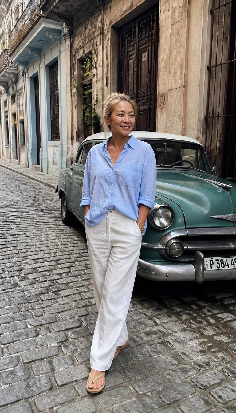 Light Blue Button Down Shirt And White Trousers A photorealistic full body shot of a 43-year-old East Asian woman with a round face, deep brown, button nose, thin arched eyebrows, and wide lips. Her face features slightly crooked smile, slightly flushed cheeks, and subtle natural facial asymmetry. She has deep-set gray eyes, high cheekbones, closed-mouth smile, playful. She is slim with blonde long hair in a messy bun and is wearing a light blue button-down shirt, white trousers, and sandals, a historic street near a vintage car, no people in the background, high-quality mobile photography, shot on an iPhone 14.
