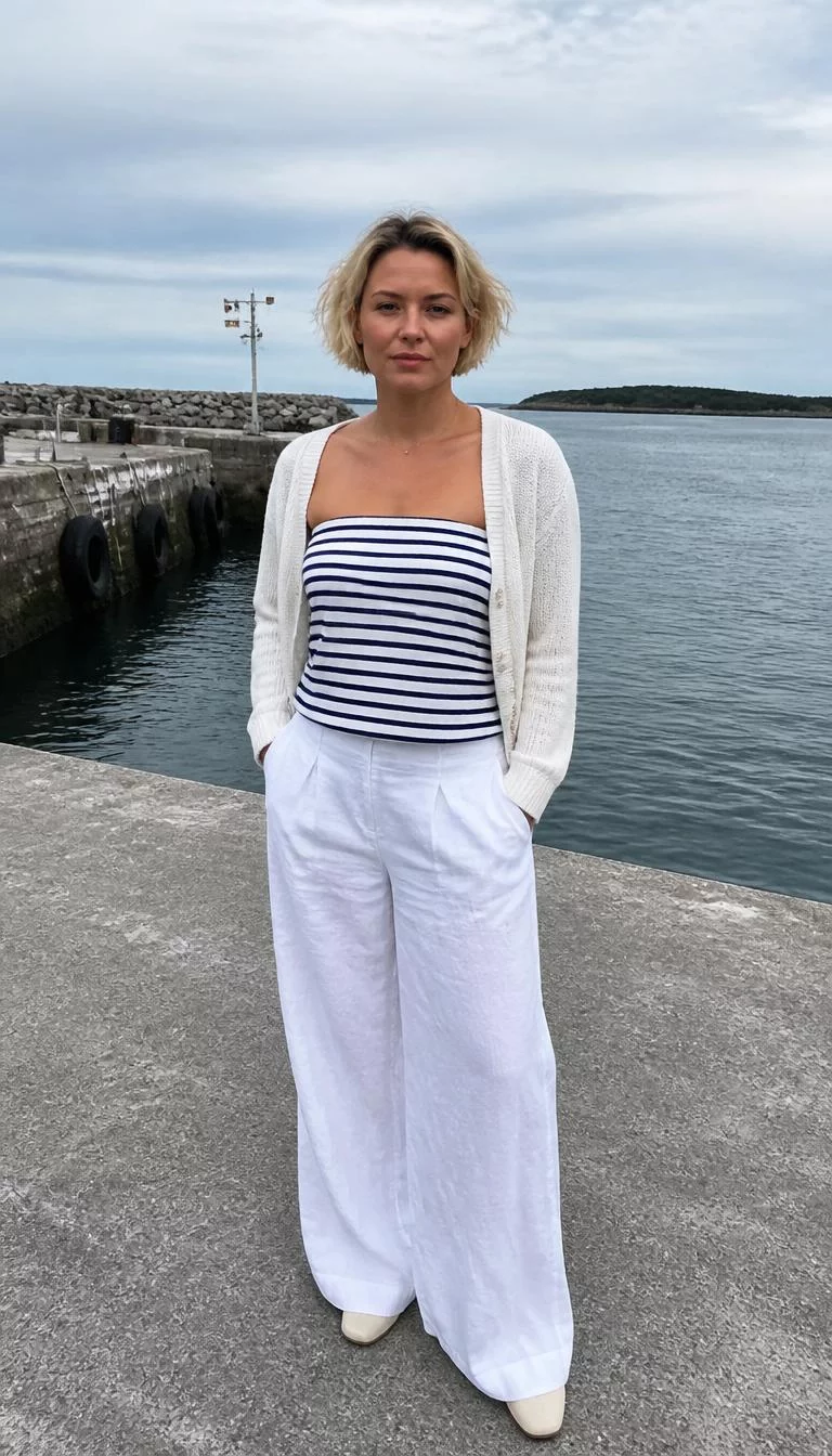 Striped Top And White Wide Leg Trousers A photorealistic full body shot of a 36-year-old Northern European woman with a square face, dark brown, straight nose, softly curved eyebrows, and full lips. Her face features faint freckles across the nose, visible pores, and subtle natural facial asymmetry. She has almond-shaped hazel eyes, pronounced cheekbones, neutral expression, relaxed. She is athletic build with blonde short, tousled hair and is wearing a blue-and-white striped strapless top, white wide-leg trousers, and a white cardigan, at a harbor, no people in the background, high-quality mobile photography, shot on an iPhone 14.