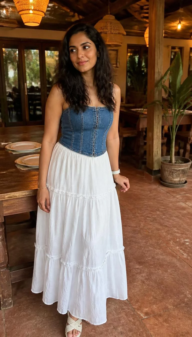 Denim Corset Top And Long White Tiered Skirt A photorealistic full body shot of a 31-year-old South Asian woman with a diamond face, dark brown, aquiline nose, thick natural eyebrows, and thin lips. Her face features uneven eyebrows, a few laugh lines, and subtle natural facial asymmetry. She has round brown eyes, high cheekbones, broad smile, thoughtful. She is average build with dark brown long, wavy hair and is wearing a denim corset top and a long white tiered skirt, a cozy, rustic restaurant, no people in the background, high-quality mobile photography, shot on an iPhone 14.