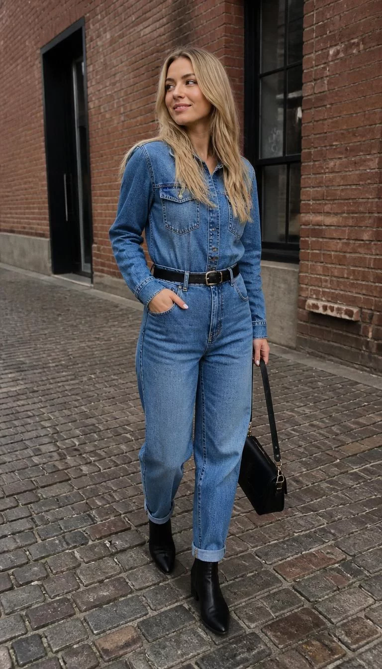 Denim Jumpsuit With Black Accessories A photorealistic full body shot of a 32-year-old Eastern European woman with a heart-shaped face, deep brown, aquiline nose, feathered eyebrows, and heart-shaped lips. Her face features gap between front teeth, visible pores, and subtle natural facial asymmetry. She has upturned hazel eyes, pronounced cheekbones, closed-mouth smile, thoughtful. She is athletic build with blonde long, layered hair and is wearing a denim jumpsuit paired with a black belt, a black handbag, and black boots, urban brick street background, no people in the background, high-quality mobile photography, shot on an iPhone 14.