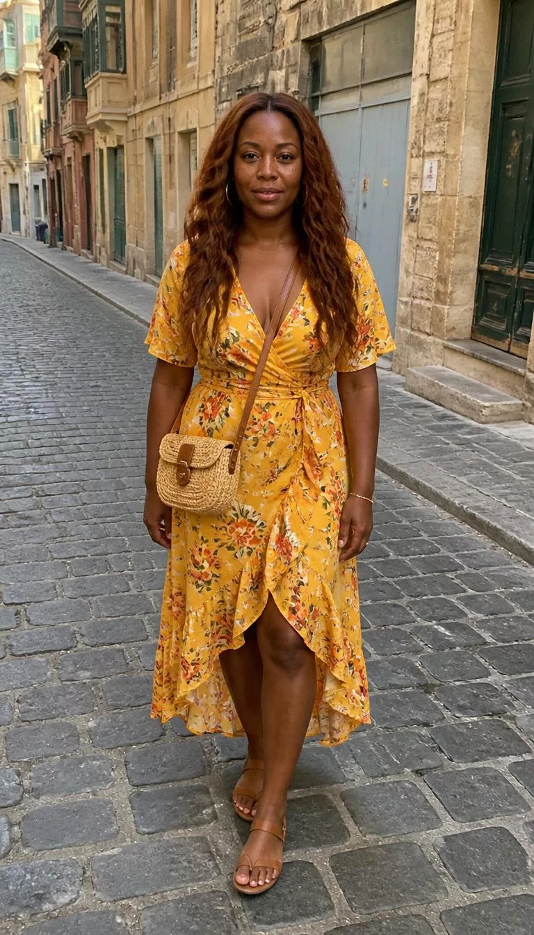 Yellow Floral Wrap Dress And Tan Sandals A photorealistic full body shot of a 33-year-old Black African woman with a pear-shaped face, olive, straight nose, feathered eyebrows, and heart-shaped lips. Her face features slightly crooked smile, light freckles, and subtle natural facial asymmetry. She has deep-set green eyes, soft cheekbones, neutral expression, confident. She is curvy build with auburn long, wavy hair and is wearing a flowing yellow floral wrap dress, tan sandals, and a crossbody straw bag, a historic city street, no people in the background, high-quality mobile photography, shot on an iPhone 14.
