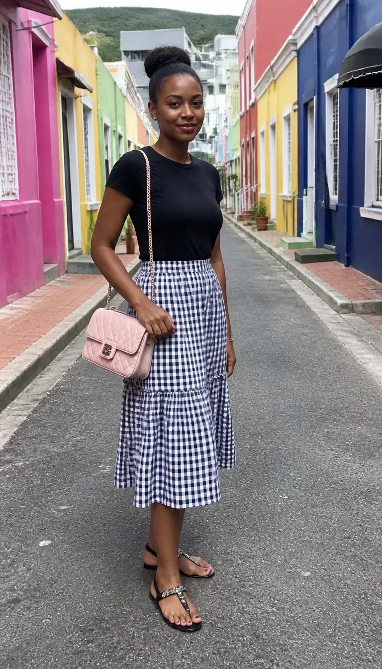 Black T Shirt And Gingham Tiered Skirt A photorealistic full body shot of a 31-year-old Black African woman with a oblong face, golden brown, aquiline nose, thin arched eyebrows, and full lips. Her face features uneven eyebrows, a few laugh lines, and subtle natural facial asymmetry. She has deep-set dark brown eyes, soft cheekbones, subtle smile, thoughtful. She is slim with dark hair in a bun and is wearing a black t-shirt and a black-and-white gingham tiered skirt, paired with a quilted pink handbag and sandals, a colorful street, no people in the background, high-quality mobile photography, shot on an iPhone 14.