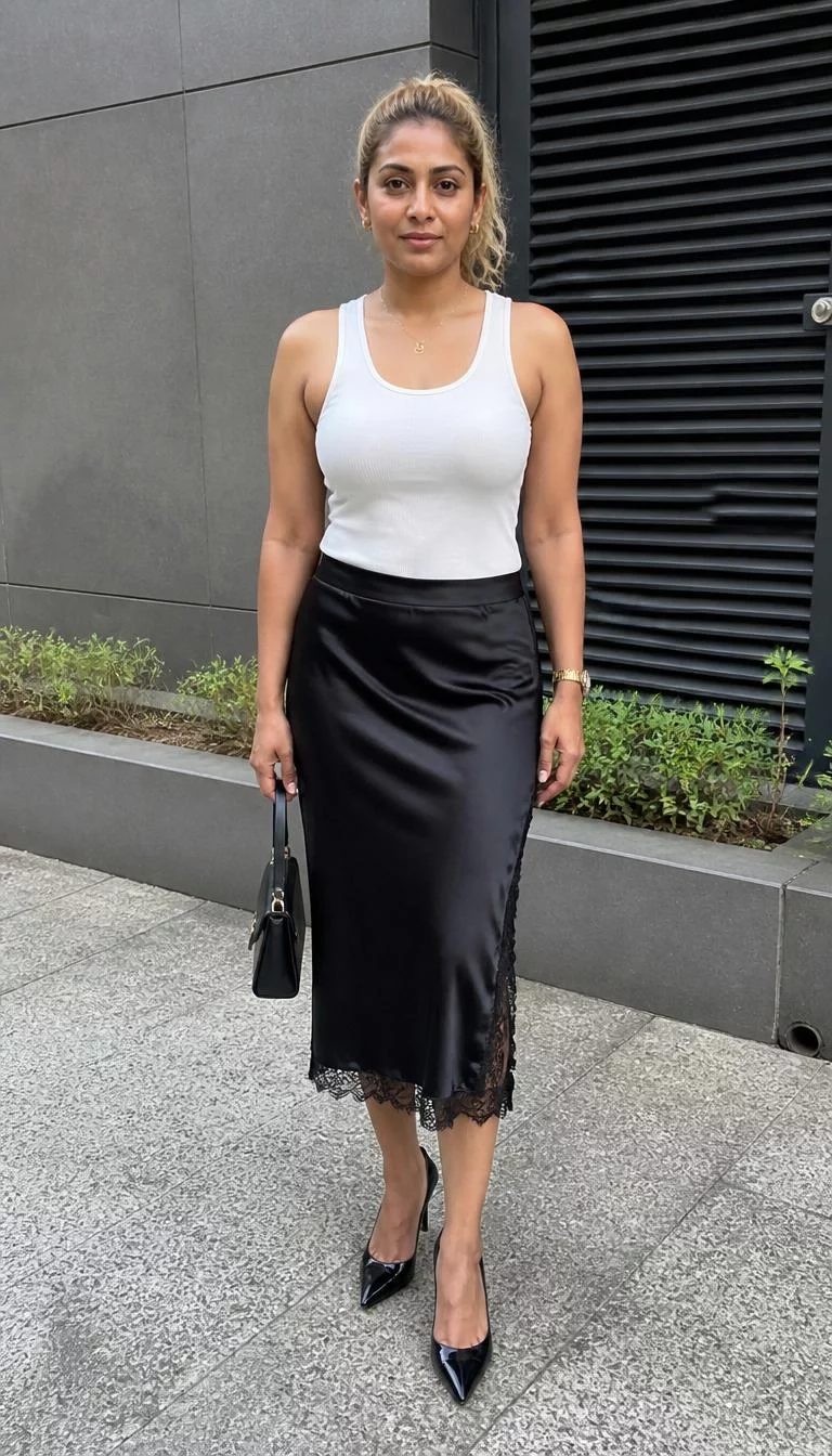 White Tank Top And Black Silk Midi Skirt A photorealistic full body shot of a 44-year-old South Asian woman with a round face, tan, narrow nose, thick natural eyebrows, and full lips. Her face features dimples, light freckles, and subtle natural facial asymmetry. She has round dark brown eyes, soft cheekbones, neutral expression, relaxed. She is petite with blonde ponytail hair and is wearing a white tank top and a black silk midi skirt with lace trim, accessorized with black heels and a small handbag, no people in the background, high-quality mobile photography, shot on an iPhone 14.
