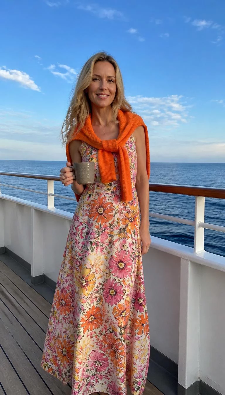 Floral Maxi Dress And Orange Sweater A photorealistic full body shot of a 38-year-old Northern European woman with a oblong face, olive, rounded nose, straight eyebrows, and heart-shaped lips. Her face features gap between front teeth, faint under-eye shadows, and subtle natural facial asymmetry. She has upturned dark brown eyes, pronounced cheekbones, subtle smile, relaxed. She is athletic build with blonde loose wavy hair and is wearing a bright floral maxi dress and an orange sweater tied over her shoulders, the deck of a boat under blue skies, no people in the background, high-quality mobile photography, shot on an iPhone 14.