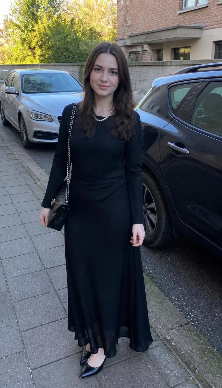 Black Long Sleeved Dress and Pearl Necklace A photorealistic full body shot of a 25-year-old Northern European woman with a round face, light, button nose, thick natural eyebrows, and thin lips. Her face features slightly crooked smile, light freckles, and subtle natural facial asymmetry. She has round blue eyes, high cheekbones, neutral expression, cheerful. She is petite with dark long hair worn down hair and is wearing a black long-sleeved dress, a pearl necklace, and a black handbag, standing outdoors near parked cars, no people in the background, high-quality mobile photography, shot on an iPhone 14.