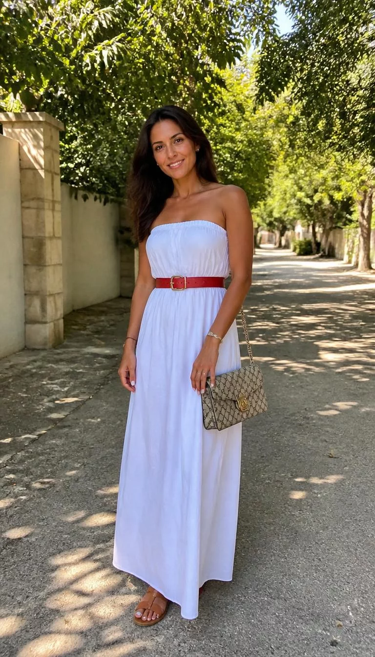Strapless White Dress and Red Belt A photorealistic full body shot of a 37-year-old Southern European woman with a oval face, tan, narrow nose, thin arched eyebrows, and full lips. Her face features small scar on the eyebrow, subtle acne marks, and subtle natural facial asymmetry. She has deep-set dark brown eyes, rounded cheeks, broad smile, thoughtful. She is average build with dark brown long hair styled in a soft blowout and is wearing a strapless white dress, a red belt, and a patterned handbag, in an outdoor setting, no people in the background, high-quality mobile photography, shot on an iPhone 14.