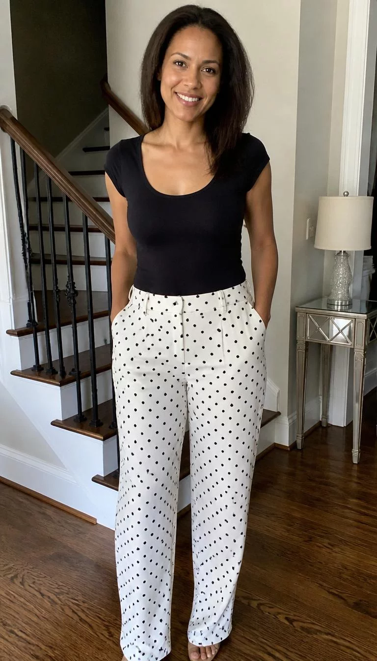 Black Scoop Neck and Polka Dot Trousers Variant A photorealistic full body shot of a 35-year-old Mixed-race woman with a oblong face, deep brown, straight nose, feathered eyebrows, and full lips. Her face features gap between front teeth, a few laugh lines, and subtle natural facial asymmetry. She has deep-set hazel eyes, pronounced cheekbones, closed-mouth smile, cheerful. She is average build with dark brown hair in a natural blowout and is wearing a plain black scoop-neck top and white trousers with black polka dots, in an indoor home setting, no people in the background, high-quality mobile photography, shot on an iPhone 14.
