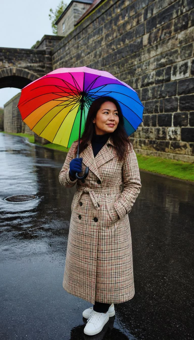 Plaid Trench Coat and Blue Gloves A photorealistic full body shot of a 33-year-old Southeast Asian woman with a round face, dark brown, button nose, softly curved eyebrows, and full lips. Her face features small scar on the eyebrow, light freckles, and subtle natural facial asymmetry. She has monolid gray eyes, high cheekbones, broad smile, thoughtful. She is curvy build with dark brown long hair worn down hair and is wearing a beige plaid trench coat over a dark turtleneck and blue gloves, while holding a colorful umbrella outdoors, no people in the background, high-quality mobile photography, shot on an iPhone 14.