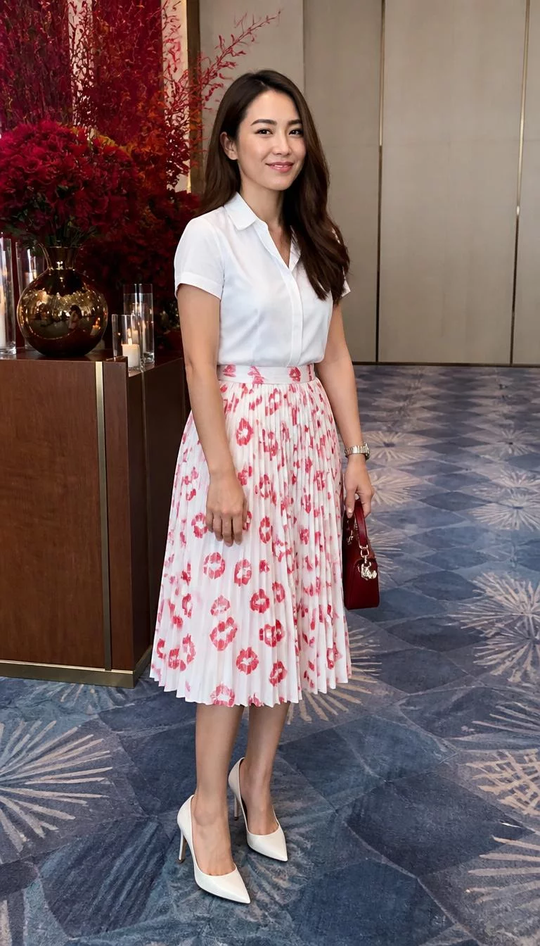 White Collared Shirt and Lipstick Print Skirt A photorealistic full body shot of a 35-year-old Southeast Asian woman with a heart-shaped face, fair, rounded nose, thin arched eyebrows, and thin lips. Her face features dimples, slightly flushed cheeks, and subtle natural facial asymmetry. She has hooded green eyes, rounded cheeks, broad smile, thoughtful. She is petite with dark brown long hair worn down hair and is wearing a crisp white short-sleeved collared shirt and a pleated skirt featuring a lipstick-print pattern, at a formal indoor event, no people in the background, high-quality mobile photography, shot on an iPhone 14.