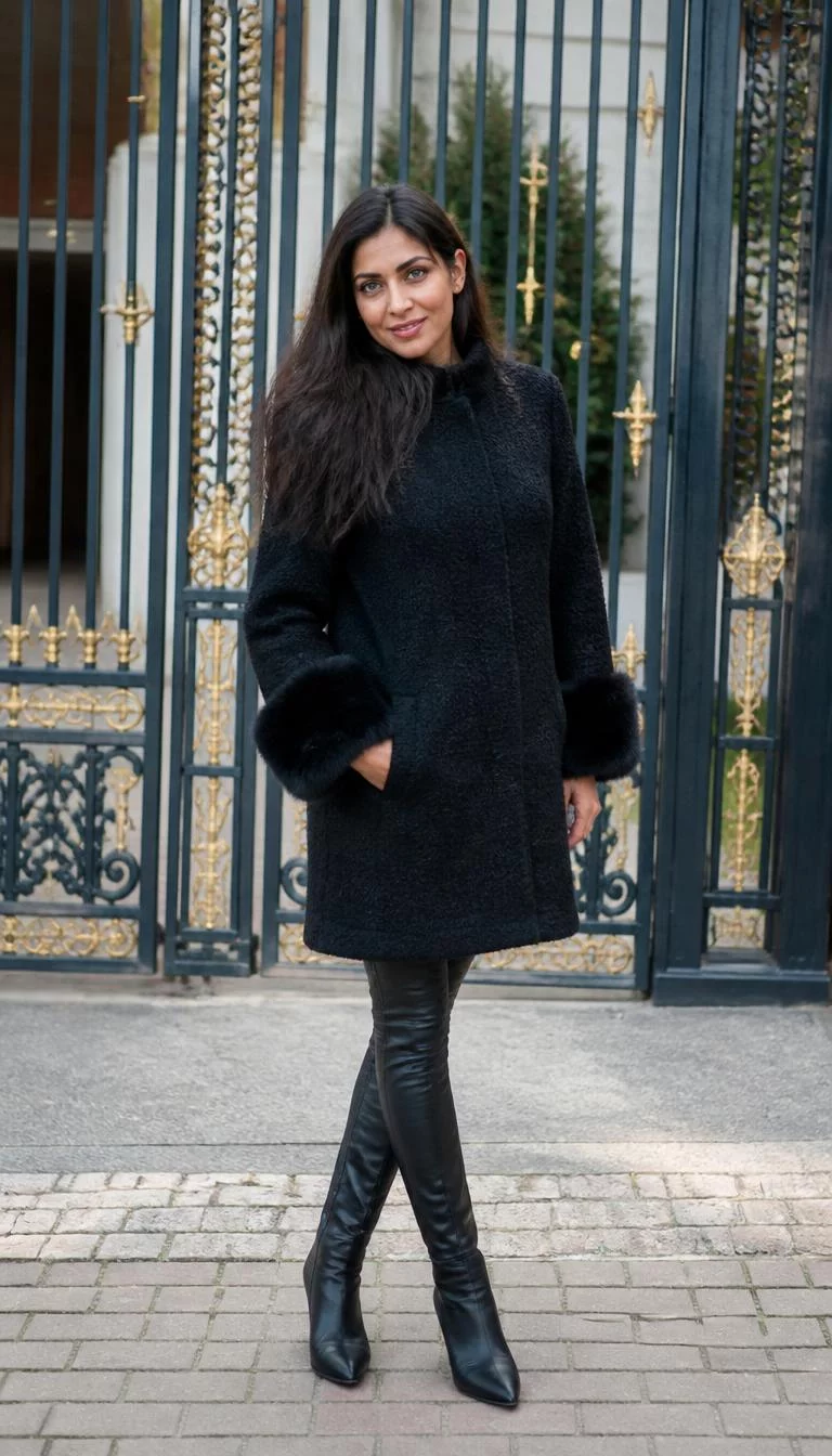 Black Coat with Fur Cuffs and Leather Boots A photorealistic full body shot of a 36-year-old South Asian woman with a square face, golden brown, aquiline nose, thin arched eyebrows, and heart-shaped lips. Her face features faint freckles across the nose, faint under-eye shadows, and subtle natural facial asymmetry. She has almond-shaped blue eyes, pronounced cheekbones, broad smile, playful. She is petite with dark brown long hair worn down hair and is wearing a textured black coat with fur-trimmed cuffs and matching black leather boots, standing outdoors near a gate, no people in the background, high-quality mobile photography, shot on an iPhone 14.