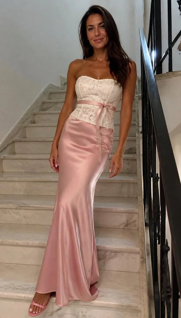 Lace Strapless Top and Pink Satin Skirt A photorealistic full body shot of a 37-year-old Mediterranean woman with a oval face, tan, narrow nose, thick natural eyebrows, and wide lips. Her face features dimples, faint under-eye shadows, and subtle natural facial asymmetry. She has hooded blue eyes, soft cheekbones, subtle smile, relaxed. She is athletic build with dark brown long wavy hair and is wearing a white strapless lace top with a light pink ribbon, a floor-length pink satin skirt, and pink heels, on a staircase, no people in the background, high-quality mobile photography, shot on an iPhone 14.