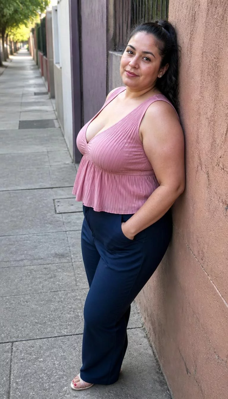 Pleated Pink Top and Dark Trousers A photorealistic full body shot of a 35-year-old Latina woman with a round face, fair, aquiline nose, softly curved eyebrows, and thin lips. Her face features faint freckles across the nose, visible pores, and subtle natural facial asymmetry. She has upturned blue eyes, rounded cheeks, subtle smile, thoughtful. She is curvy build with dark brown hair in a ponytail and is wearing a sleeveless pleated pink top with a plunging neckline and dark trousers, leaning against a wall on the street, no people in the background, high-quality mobile photography, shot on an iPhone 14.