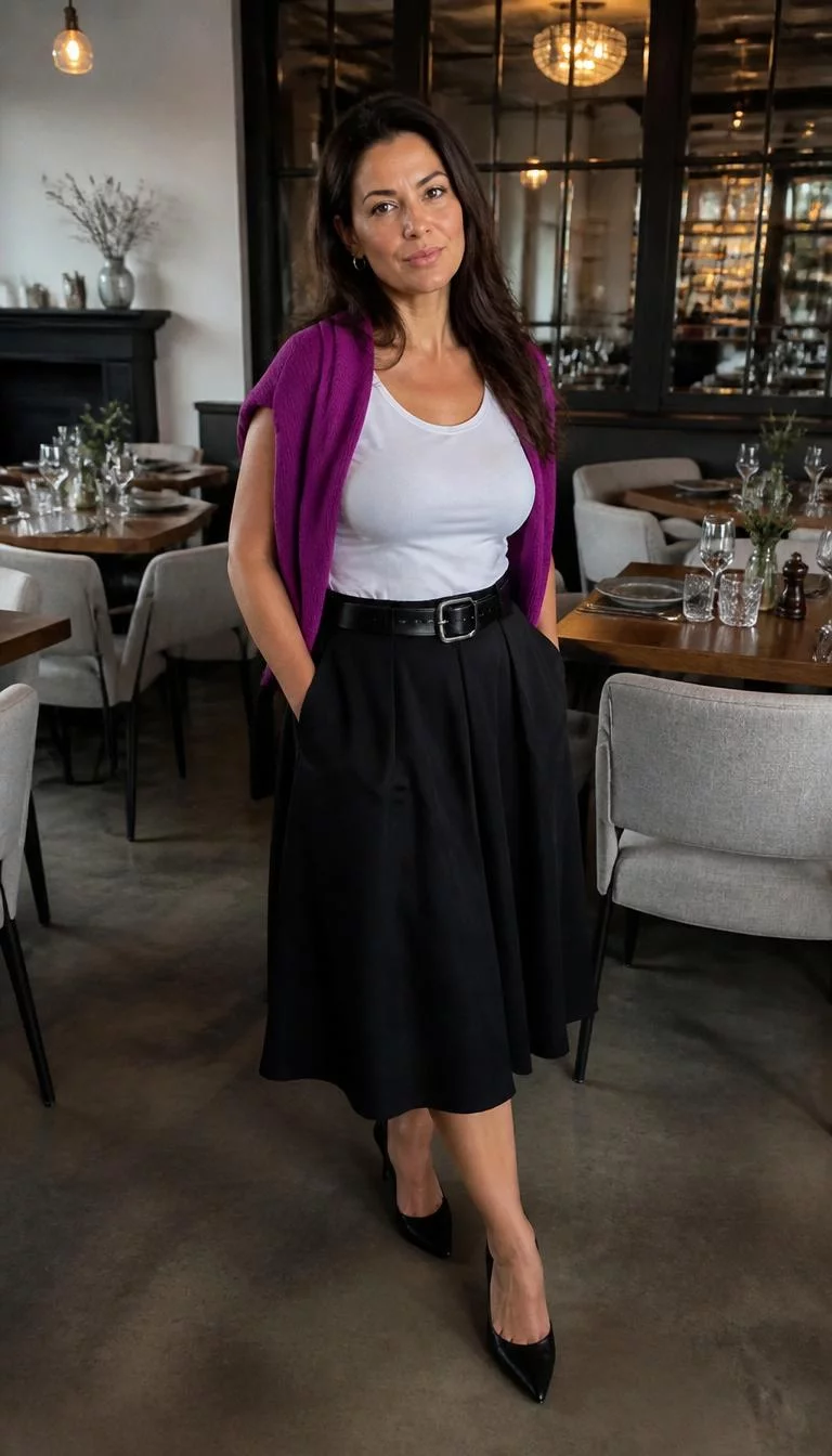 Purple Shoulder Sweater and Black Skirt A photorealistic full body shot of a 40-year-old Eastern European woman with a heart-shaped face, golden brown, broad nose, thin arched eyebrows, and full lips. Her face features widow's peak hairline, light freckles, and subtle natural facial asymmetry. She has deep-set amber eyes, high cheekbones, neutral expression, playful. She is average build with dark brown long hair styled down and is wearing a white top, a purple sweater draped over her shoulders, a black belt, and a black skirt, in a restaurant, no people in the background, high-quality mobile photography, shot on an iPhone 14.