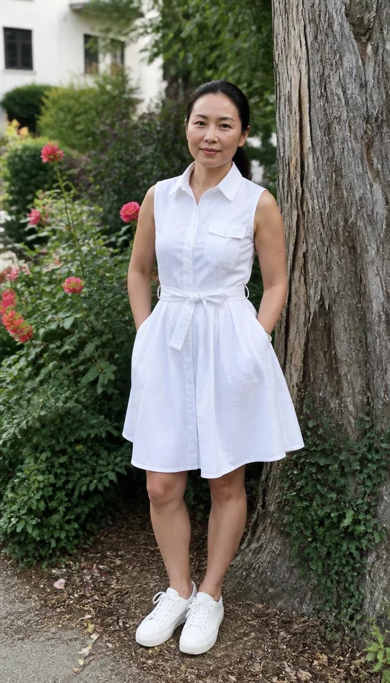 White Sleeveless Shirt Dress A photorealistic full body shot of a 42-year-old East Asian woman with a oval face, olive, narrow nose, straight eyebrows, and wide lips. Her face features widow's peak hairline, subtle acne marks, and subtle natural facial asymmetry. She has almond-shaped hazel eyes, soft cheekbones, neutral expression, cheerful. She is petite with dark brown hair in a ponytail and is wearing a sleeveless white collared shirt-dress, near a tree and rose bushes in an outdoor garden-like setting, no people in the background, high-quality mobile photography, shot on an iPhone 14.