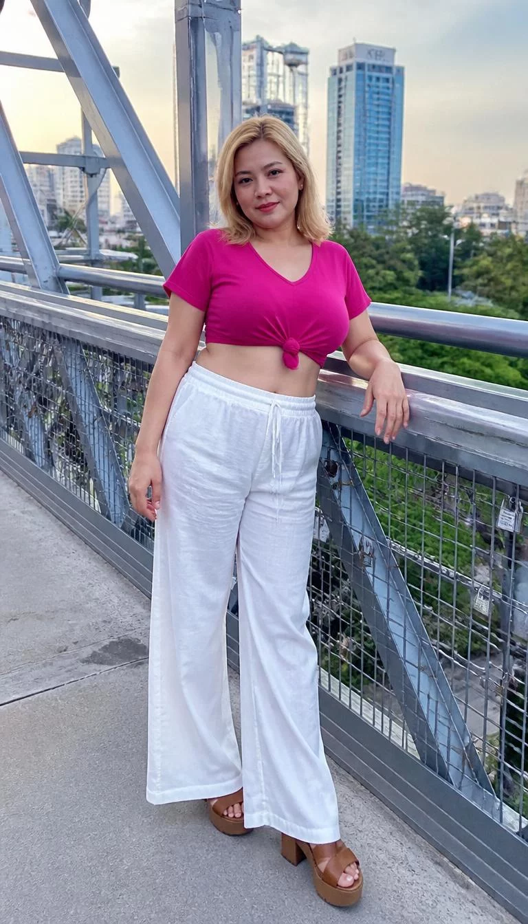 Hot Pink Crop Top And White Wide Leg Trousers A photorealistic full body shot of a 37-year-old Southeast Asian woman with a heart-shaped face, fair, upturned nose, straight eyebrows, and heart-shaped lips. Her face features dimples, subtle acne marks, and subtle natural facial asymmetry. She has round green eyes, pronounced cheekbones, neutral expression, relaxed. She is curvy build with blonde straight shoulder-length hair and is wearing a hot pink knotted crop top, white wide-leg trousers, and brown platform sandals, on a metal bridge with a cityscape background, everyday social media post aesthetic, high-quality mobile photography, shot on an iPhone 14.