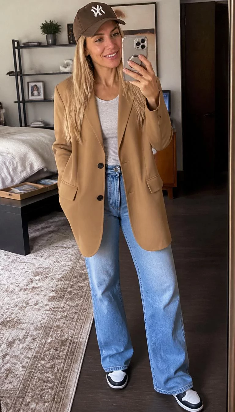 Camel Oversized Blazer And Baseball Cap A photorealistic full body shot of a 42-year-old South Asian woman with a diamond face, fair, upturned nose, thick natural eyebrows, and thin lips. Her face features gap between front teeth, faint under-eye shadows, and subtle natural facial asymmetry. She has deep-set blue eyes, high cheekbones, subtle smile, cheerful. She is petite with blonde long hair under a brown baseball cap and is wearing a light grey shirt, a camel oversized blazer, and blue jeans, taking a mirror selfie, everyday social media post aesthetic, high-quality mobile photography, shot on an iPhone 14.