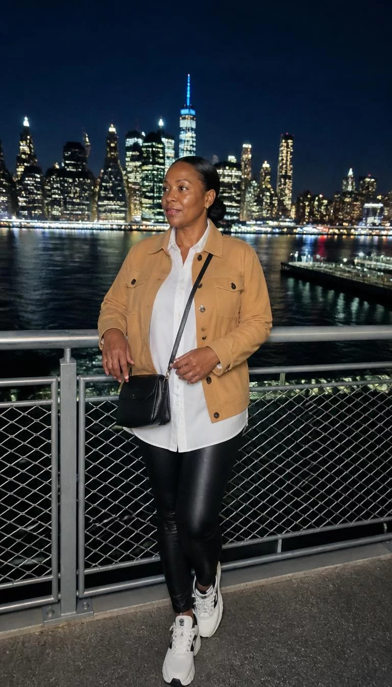 Camel Jacket And White Long Sleeve Shirt A photorealistic full body shot of a 48-year-old Black African woman with a round face, light, straight nose, straight eyebrows, and wide lips. Her face features beauty mark near the lip, subtle acne marks, and subtle natural facial asymmetry. She has deep-set hazel eyes, high cheekbones, neutral expression, cheerful. She is athletic build with dark brown hair in a low bun and is wearing a camel-colored jacket over a white long-sleeved shirt with a black crossbody bag, looking out at a lit cityscape at night, everyday social media post aesthetic, high-quality mobile photography, shot on an iPhone 14.