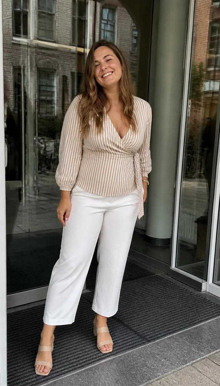 Striped Wrap Blouse And White Cropped Trousers A photorealistic full body shot of a 29-year-old Northern European woman with a round face, deep brown, narrow nose, softly curved eyebrows, and full lips. Her face features beauty mark near the lip, light freckles, and subtle natural facial asymmetry. She has almond-shaped brown eyes, pronounced cheekbones, broad smile, playful. She is curvy build with light brown wavy hair and is wearing a beige striped wrap-style blouse with white cropped trousers and beige block-heeled sandals, at a glass entrance, everyday social media post aesthetic, high-quality mobile photography, shot on an iPhone 14.