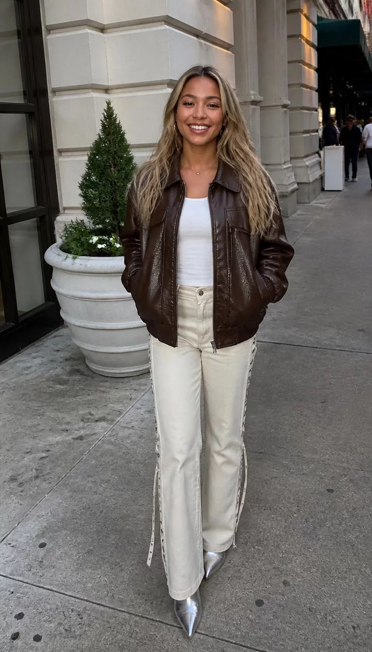 Leather Bomber Jacket And Cream Pants A photorealistic full body shot of a 23-year-old Mixed-race woman with a diamond face, deep brown, narrow nose, thin arched eyebrows, and heart-shaped lips. Her face features widow's peak hairline, light freckles, and subtle natural facial asymmetry. She has downturned amber eyes, high cheekbones, broad smile, cheerful. She is petite with blonde hair with highlights and is wearing a chocolate-brown leather-textured bomber jacket over a white top, cream-colored pants with side details, and pointed-toe silver boots, on a sidewalk, everyday social media post aesthetic, high-quality mobile photography, shot on an iPhone 14.