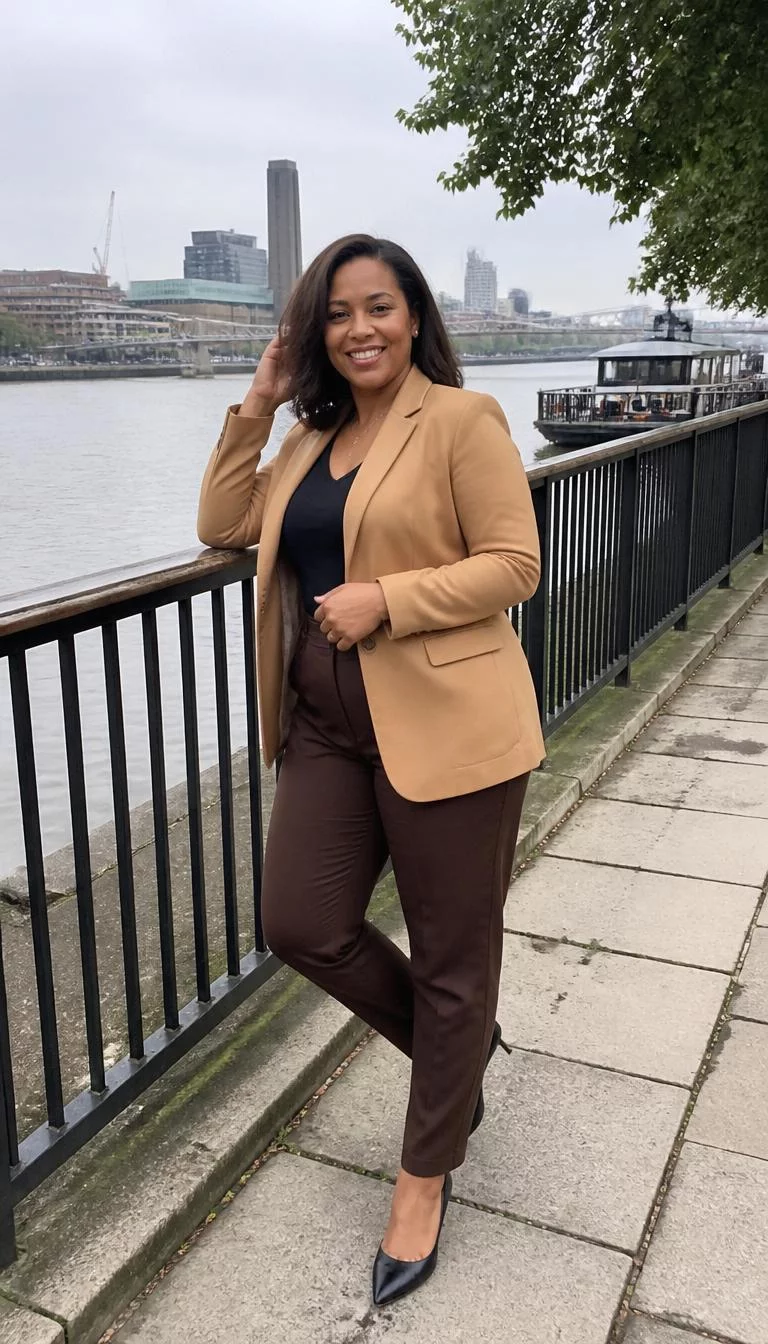 Tan Blazer And Brown Trousers A photorealistic full body shot of a 34-year-old Afro-Caribbean woman with a round face, tan, narrow nose, thin arched eyebrows, and heart-shaped lips. Her face features gap between front teeth, faint under-eye shadows, and subtle natural facial asymmetry. She has round brown eyes, rounded cheeks, broad smile, playful. She is curvy build with dark brown shoulder-length hair and is wearing a tan blazer, brown trousers, and black heels, near a river walk, everyday social media post aesthetic, high-quality mobile photography, shot on an iPhone 14.