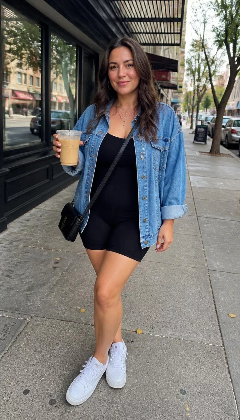 Denim Jacket And Black Biker Shorts A photorealistic full body shot of a 37-year-old Latina woman with a round face, fair, rounded nose, thick natural eyebrows, and full lips. Her face features widow's peak hairline, slightly flushed cheeks, and subtle natural facial asymmetry. She has downturned blue eyes, high cheekbones, neutral expression, playful. She is slim with brown wavy hair and is wearing a black bodysuit under a denim jacket with biker shorts, white sneakers, and a crossbody bag, carrying an iced coffee on a city street, everyday social media post aesthetic, high-quality mobile photography, shot on an iPhone 14.