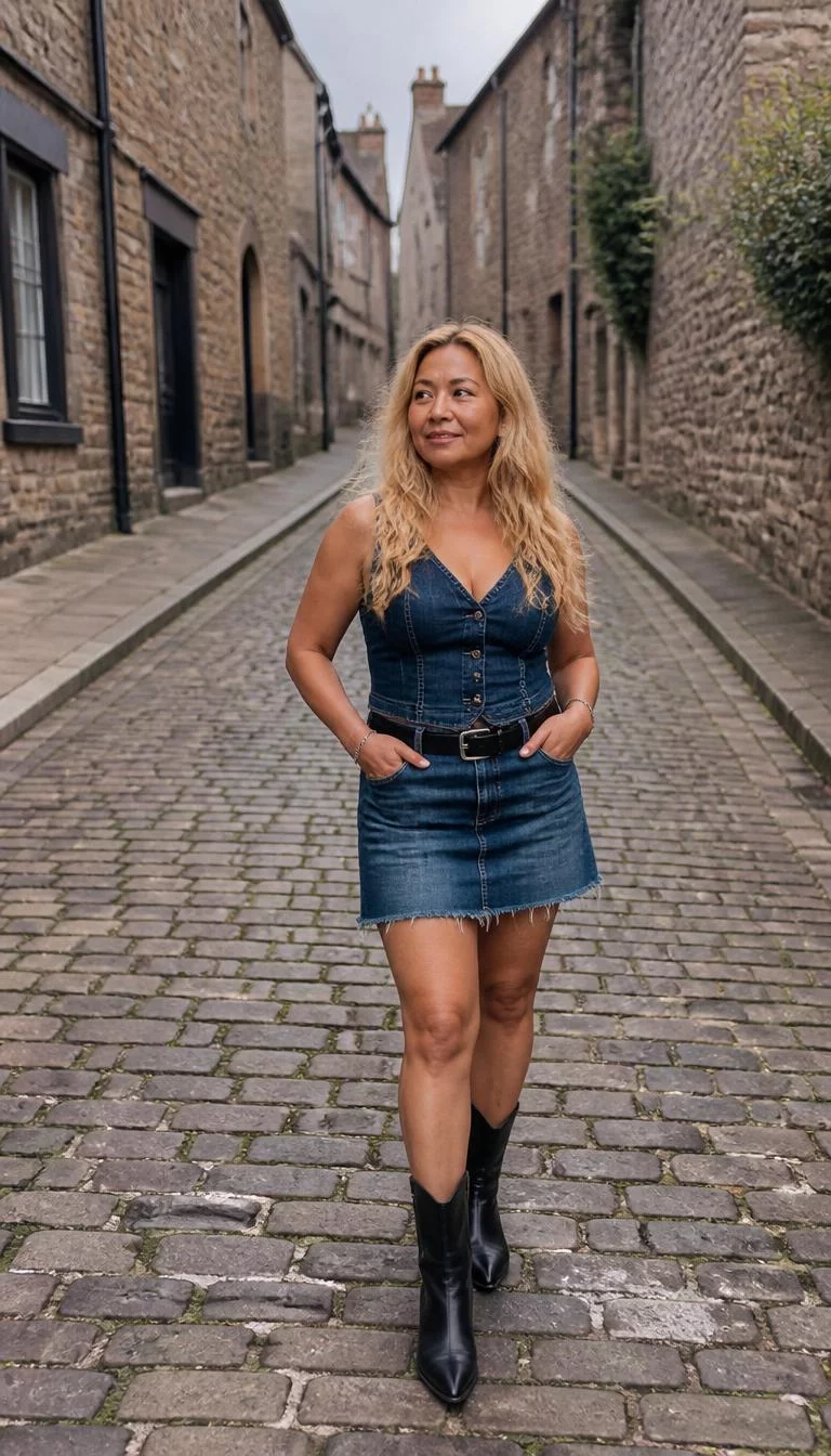 Denim Vest And Denim Mini Skirt With Black Boots A photorealistic full body shot of a 47-year-old South Asian woman with a pear-shaped face, golden brown, broad nose, straight eyebrows, and full lips. Her face features slightly crooked smile, light freckles, and subtle natural facial asymmetry. She has monolid blue eyes, pronounced cheekbones, broad smile, thoughtful. She is petite with blonde flowing hair and is wearing a denim vest, denim miniskirt, black belt, and black boots, cobblestone street, no people in the background, high-quality mobile photography, shot on an iPhone 14.