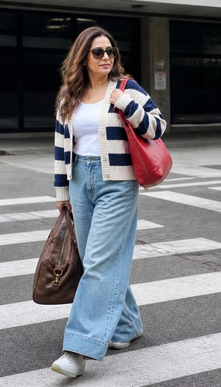 Striped Cardigan And Red Bag Contrast A photorealistic full body shot of a 44-year-old South Asian woman with a oblong face, light, broad nose, straight eyebrows, and wide lips. Her face features small scar on the eyebrow, faint under-eye shadows, and subtle natural facial asymmetry. She has hooded blue eyes, soft cheekbones, subtle smile, relaxed. She is curvy build with light brown loose wavy hair and is wearing a striped cardigan, white top, wide-leg jeans, dark sunglasses, carrying a red leather bag and brown duffle bag, at a crosswalk, no people in the background, high-quality mobile photography, shot on an iPhone 14.