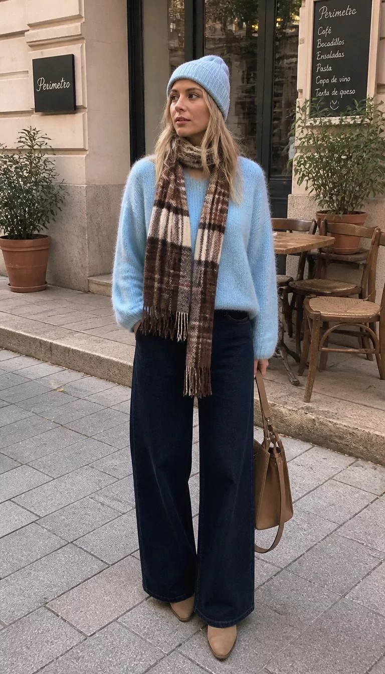 Light Blue Beanie And Plaid Scarf A photorealistic full body shot of a 39-year-old Southern European woman with a oval face, deep brown, straight nose, straight eyebrows, and heart-shaped lips. Her face features faint freckles across the nose, slightly flushed cheeks, and subtle natural facial asymmetry. She has deep-set green eyes, high cheekbones, neutral expression, thoughtful. She is average build with blonde loose straight hair and is wearing a light blue beanie, matching light blue fuzzy sweater, and a brown plaid scarf, dark wide-leg jeans, carries a tan bag outside a cafe, no people in the background, high-quality mobile photography, shot on an iPhone 14.