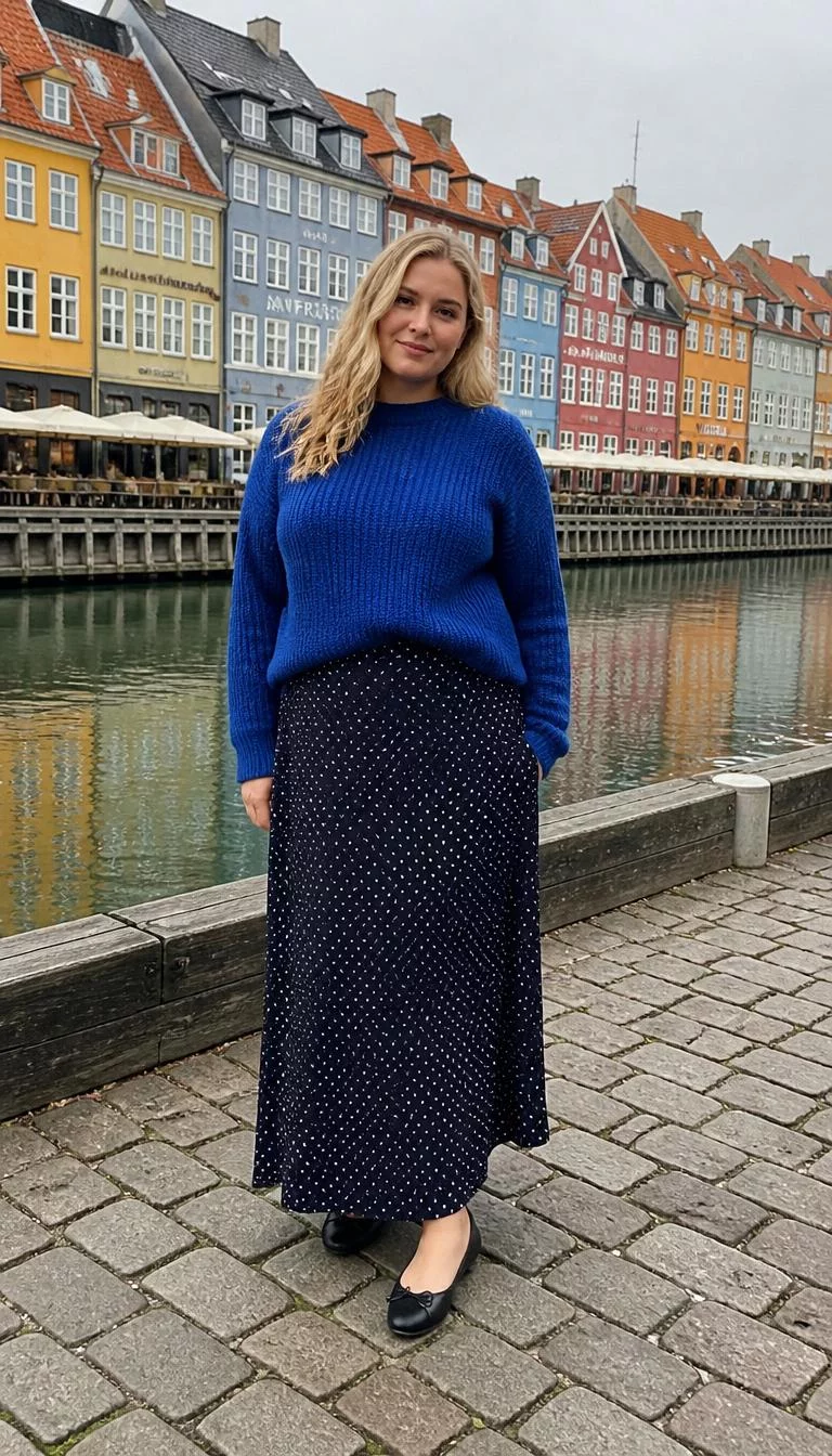 Chunky Knit Blue Sweater And Polka Dots A photorealistic full body shot of a 29-year-old Northern European woman with a oblong face, fair, narrow nose, thin arched eyebrows, and wide lips. Her face features slightly crooked smile, faint under-eye shadows, and subtle natural facial asymmetry. She has hooded dark brown eyes, rounded cheeks, broad smile, thoughtful. She is curvy build with blonde loose wavy hair and is wearing a blue chunky knit sweater, a polka-dot maxi skirt, and black flats, by the iconic colorful buildings of Nyhavn, no people in the background, high-quality mobile photography, shot on an iPhone 14.