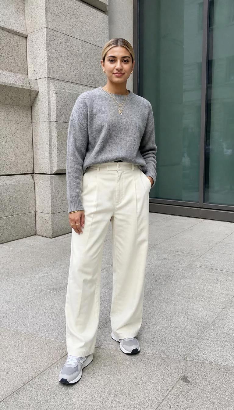 Grey Sweater And Cream Wide Leg Pants A photorealistic full body shot of a 35-year-old South Asian woman with a oblong face, fair, broad nose, feathered eyebrows, and heart-shaped lips. Her face features small scar on the eyebrow, visible pores, and subtle natural facial asymmetry. She has round green eyes, soft cheekbones, neutral expression, cheerful. She is slim with blonde sleek low bun hair and is wearing a grey sweater, cream wide-leg pants, and grey New Balance sneakers, complemented by gold accessories, no people in the background, high-quality mobile photography, shot on an iPhone 14.