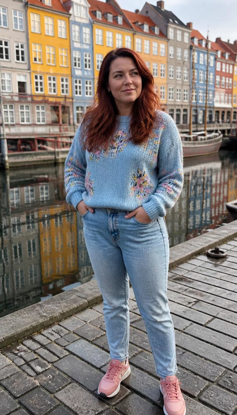 Floral Knit Sweater And Pink Sneakers A photorealistic full body shot of a 31-year-old Northern European woman with a pear-shaped face, tan, rounded nose, straight eyebrows, and full lips. Her face features small scar on the eyebrow, slightly flushed cheeks, and subtle natural facial asymmetry. She has round amber eyes, rounded cheeks, subtle smile, thoughtful. She is athletic build with reddish-brown voluminous layered hair and is wearing a light blue floral-knit sweater, light-wash denim jeans, and pink sneakers, in Copenhagen Nyhavn, no people in the background, high-quality mobile photography, shot on an iPhone 14.