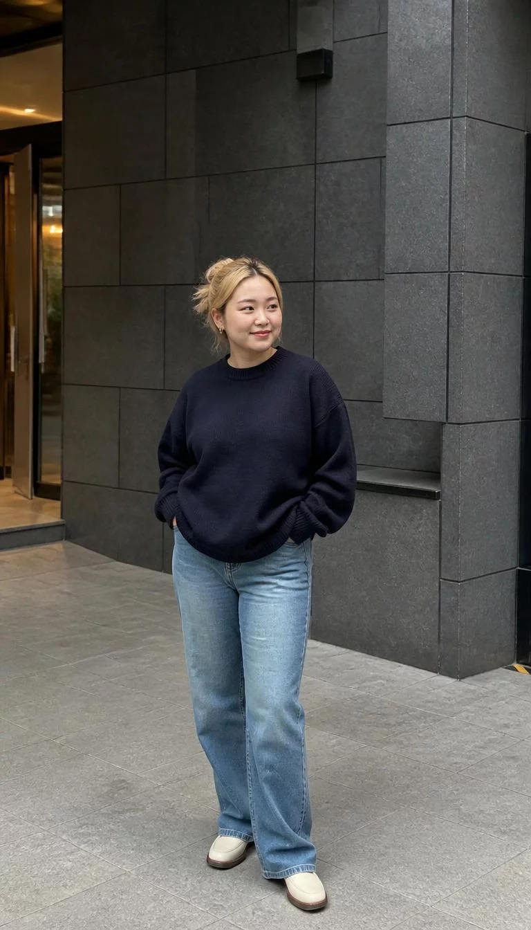 Oversized Sweaters And Messy Buns A photorealistic full body shot of a 28-year-old East Asian woman with a oval face, light, button nose, feathered eyebrows, and thin lips. Her face features dimples, subtle acne marks, and subtle natural facial asymmetry. She has upturned amber eyes, rounded cheeks, closed-mouth smile, thoughtful. She is curvy build with blonde hair in a messy bun and is wearing an oversized navy sweater, relaxed blue jeans, and light-toned trousers, in an urban setting, no people in the background, high-quality mobile photography, shot on an iPhone 14.