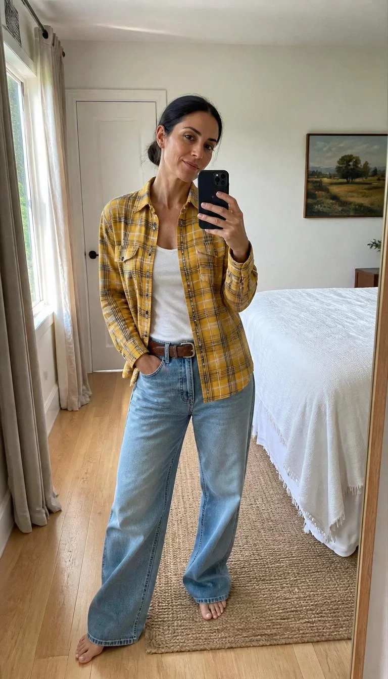 Yellow Plaid And Baggy Jeans Comfort A photorealistic full body shot of a 39-year-old Mediterranean woman with a oval face, olive, button nose, softly curved eyebrows, and heart-shaped lips. Her face features dimples, subtle acne marks, and subtle natural facial asymmetry. She has deep-set hazel eyes, rounded cheeks, neutral expression, cheerful. She is slim with dark brown hair in a low bun and is wearing a yellow plaid button-up over a white tank, baggy jeans, and a brown leather belt, standing in a bright bedroom, no people in the background, high-quality mobile photography, shot on an iPhone 14.