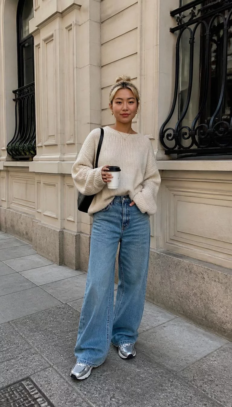 Beige Sweater And Silver Sneakers A photorealistic full body shot of a 29-year-old East Asian woman with a square face, dark brown, rounded nose, thin arched eyebrows, and heart-shaped lips. Her face features uneven eyebrows, visible pores, and subtle natural facial asymmetry. She has almond-shaped hazel eyes, high cheekbones, subtle smile, relaxed. She is petite with blonde hair in a messy bun and is wearing an oversized beige sweater, wide-leg blue jeans, and silver sneakers while holding a coffee cup, on a sidewalk against a classic European building background, no people in the background, high-quality mobile photography, shot on an iPhone 14.