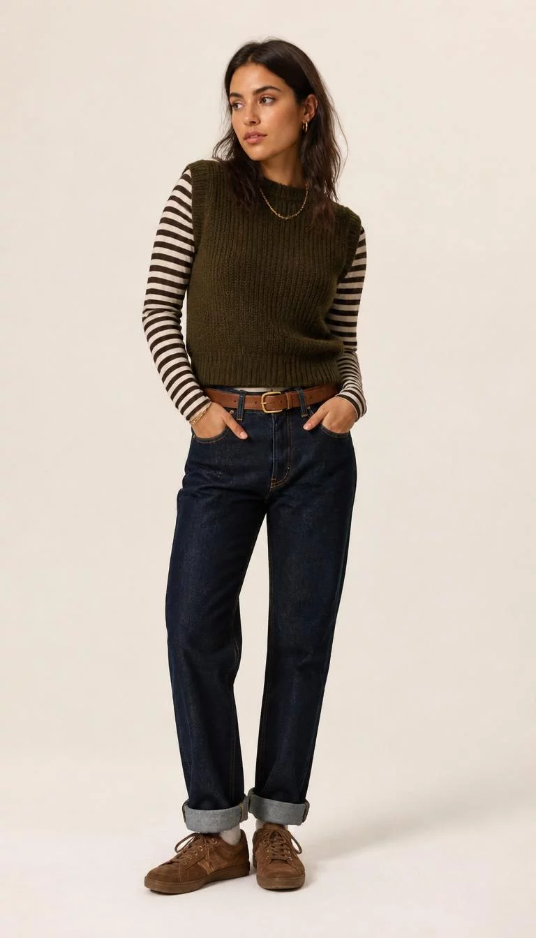 Olive Knit Vest And Cuffed Jeans A photorealistic full body shot of a 25-year-old Mediterranean woman with a heart-shaped face, light, rounded nose, thin arched eyebrows, and heart-shaped lips. Her face features small scar on the eyebrow, faint under-eye shadows, and subtle natural facial asymmetry. She has monolid hazel eyes, pronounced cheekbones, neutral expression, thoughtful. She is athletic build with brown hair and is wearing a striped long-sleeve shirt, olive knit vest, dark cuffed jeans, brown leather belt, brown sneakers, and gold jewelry, against a plain cream background, no people in the background, high-quality mobile photography, shot on an iPhone 14.
