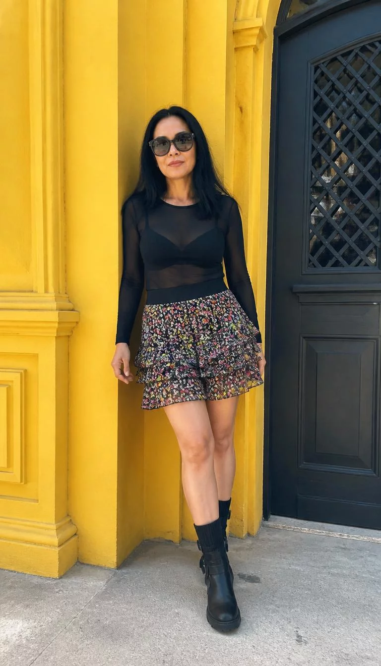 Sheer Black Top and Floral Skirt A photorealistic full body shot of a 47-year-old East Asian woman with a heart-shaped face, deep brown, aquiline nose, thin arched eyebrows, and heart-shaped lips. Her face features widow's peak hairline, visible pores, and subtle natural facial asymmetry. She has round dark brown eyes, soft cheekbones, neutral expression, relaxed. She is curvy build with long straight black hair and is wearing a sheer black top, a floral skirt, dark sunglasses, and black mid-calf combat boots, before a vibrant yellow building, no people in the background, high-quality mobile photography, shot on an iPhone 14.
