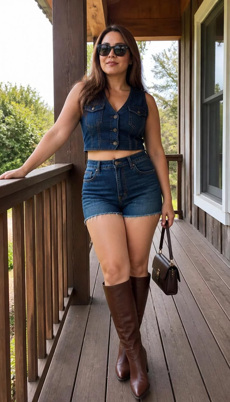 Denim Vest and Matching Shorts A photorealistic full body shot of a 38-year-old Southeast Asian woman with a round face, deep brown, button nose, thin arched eyebrows, and thin lips. Her face features beauty mark near the lip, subtle acne marks, and subtle natural facial asymmetry. She has monolid amber eyes, high cheekbones, closed-mouth smile, thoughtful. She is curvy build with brunette long loose hair and is wearing a denim vest and matching denim shorts, brown knee-high boots, and black sunglasses, she holds a small dark bag, wooden porch, no people in the background, high-quality mobile photography, shot on an iPhone 14.