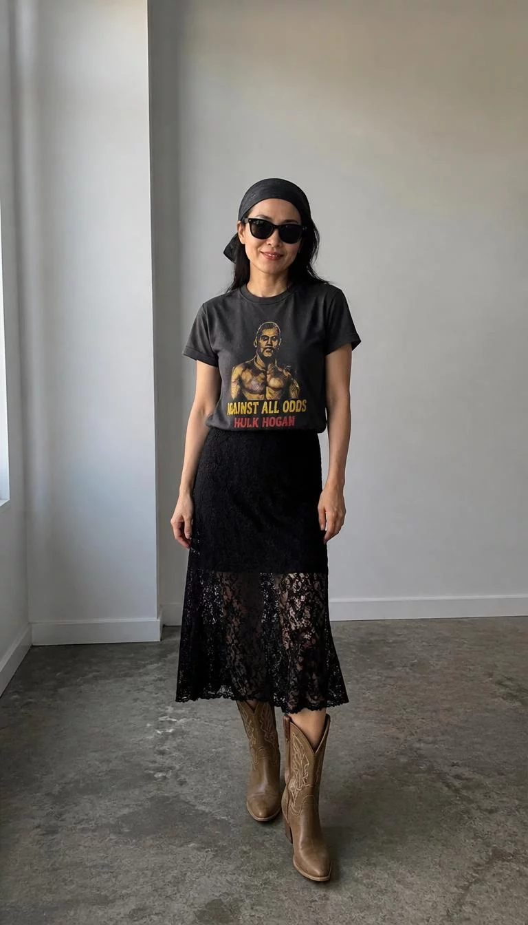 Graphic Tee and Lace Skirt A photorealistic full body shot of a 46-year-old East Asian woman with a oblong face, deep brown, aquiline nose, straight eyebrows, and full lips. Her face features dimples, a few laugh lines, and subtle natural facial asymmetry. She has monolid brown eyes, high cheekbones, closed-mouth smile, playful. She is slim with dark long hair under a dark headscarf and is wearing a graphic t-shirt over a black lace skirt, black sunglasses, and tan cowboy boots, minimalist room, no people in the background, high-quality mobile photography, shot on an iPhone 14.