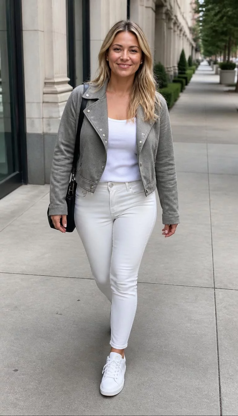Grey Jacket and White Denim A photorealistic full body shot of a 38-year-old Mediterranean woman with a oval face, fair, narrow nose, softly curved eyebrows, and wide lips. Her face features dimples, visible pores, and subtle natural facial asymmetry. She has monolid gray eyes, rounded cheeks, closed-mouth smile, cheerful. She is curvy build with blonde long layered hair and is wearing a grey jacket, white top, white jeans, and white sneakers, she carries a dark shoulder bag, city sidewalk, no people in the background, high-quality mobile photography, shot on an iPhone 14.